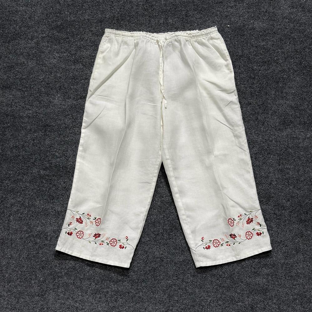 Style&co. Capri Pants Womens L White Linen Embroidered Drawstring Pull On Crop